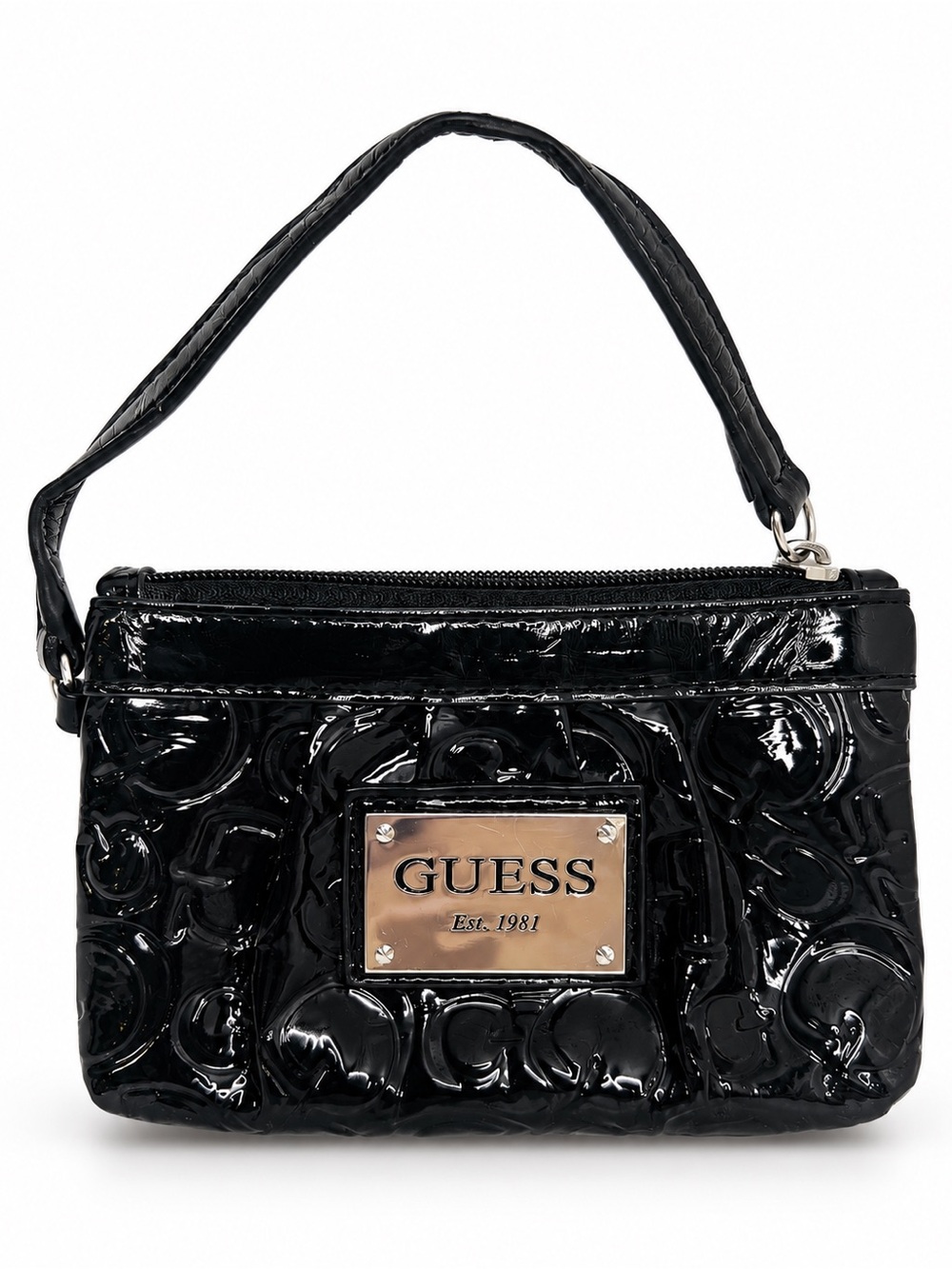 GUESS Vintage Y2K Black Patent Embossed Logo Mini Wristlet Bag